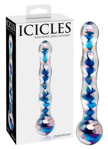 Icicles No. 08 - hullámos, kétvégű, üveg dildó (áttetsző-kék)